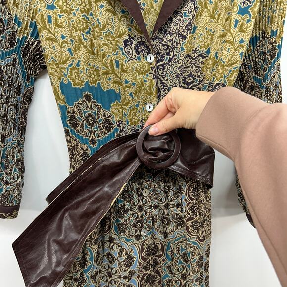 Vintage Y2K 2000s Nicola Brown Green Blue Button Up Belted Blouse Top Medium - Picture 4 of 6